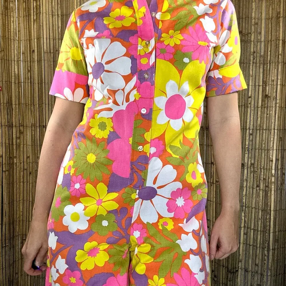 Vintage 1960s Lady Wrangler Floral Canvas Romper Jumpsuit Mod Pink Yellow